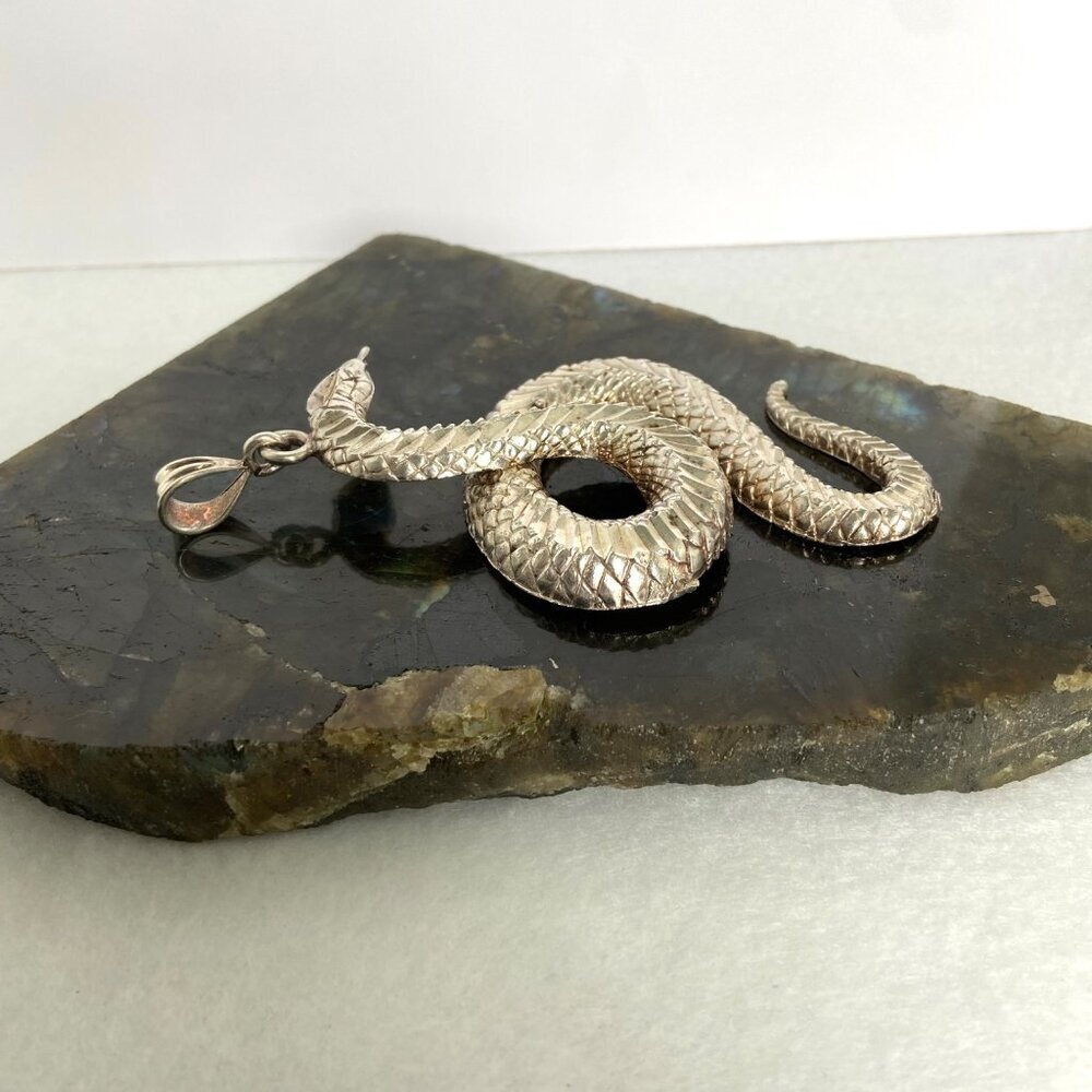 VTG Sterling Silver “1 Of A Kind” Large Diamond Cut Snake Serpent Pendant 29g - Picture 6 of 16
